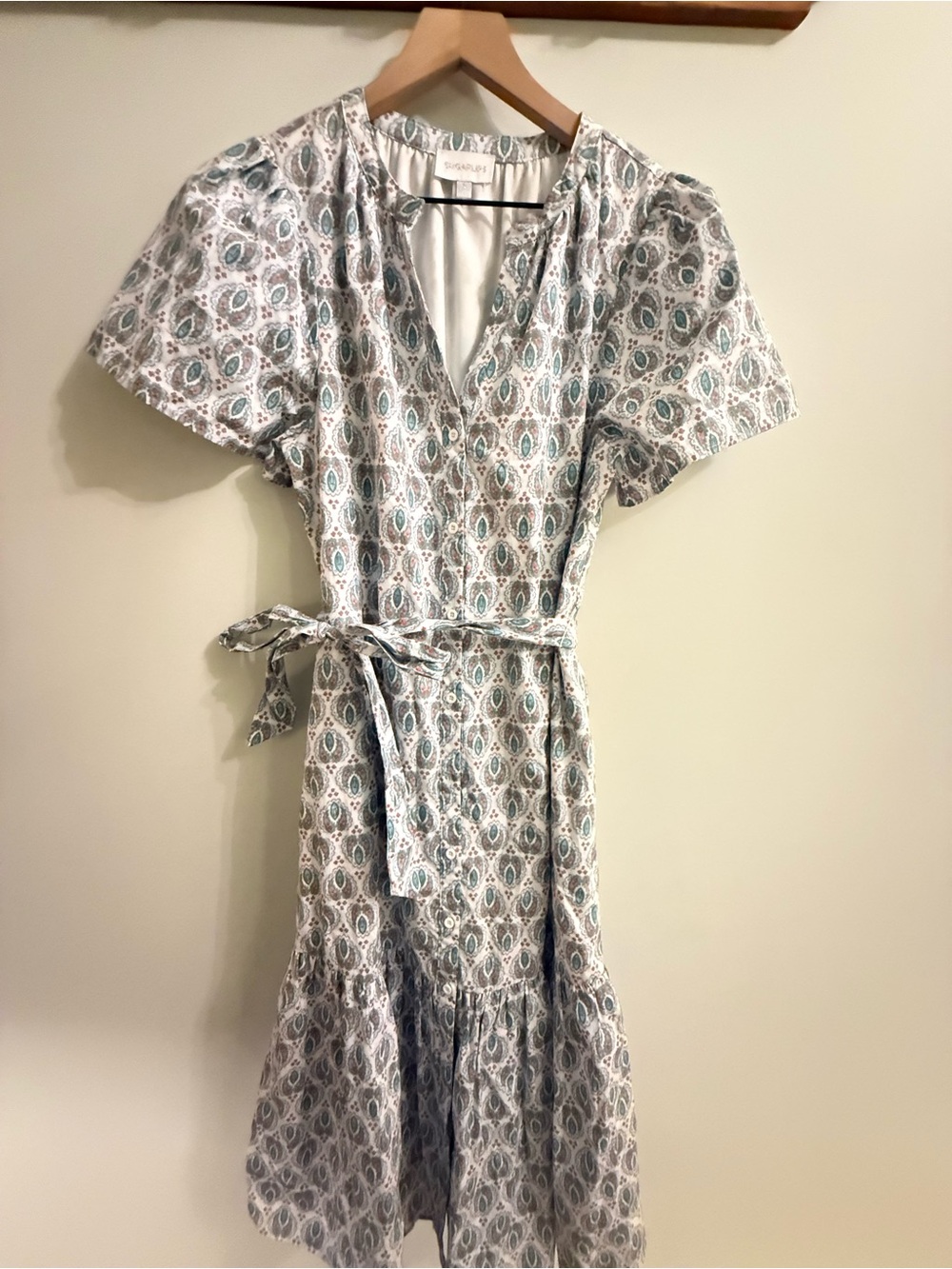 SugarLips Paisley Cotton Belted Midi Dress Size S Puff Sleeve Button Front - Picture 2 of 10